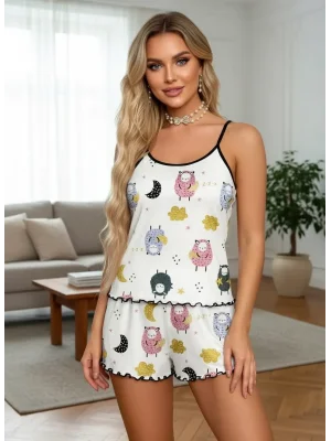 Kadın Beyaz Desenli İnce Askılı Şortlu Pijama Takımı Şık Ev Giyim
