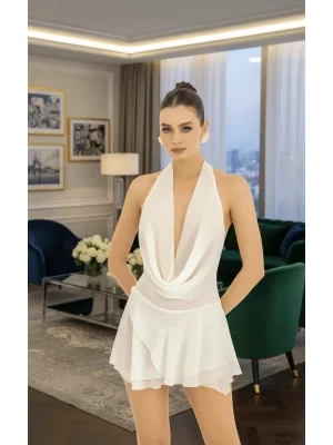Kadın Beyaz Sırt ve Göğüs Dekolteli Fantezi Mini Elbise Şık Gece Giyim
