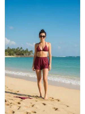 Bordo 3’lü Bikini Takımı Şortlu Yandan Bağlamalı Üçgen Üst Esnek Kadın Mayo
