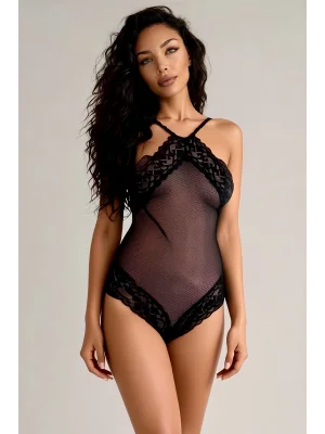 Kadın Siyah File Görünümlü Tül Bodysuit Özel Tasarım