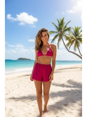 Fuşya Şortlu Bağlamalı Bikini Takımı Üçgen Kesim Ayarlanabilir Esnek Kumaş Kadın Mayo Seti