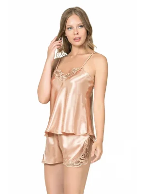 Luna Lora Gold Saten Babydoll Şort Takımı Zarif Kadın Gece Giyim
