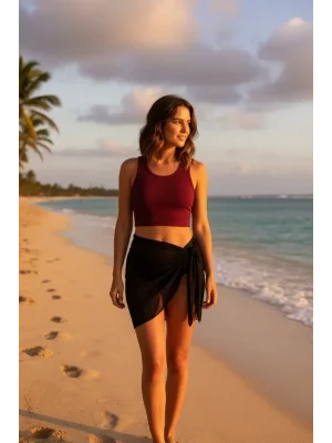 Kadın Bordo Yuvarlak Yaka Crop ve Siyah Transparan Pareo 2’li Set