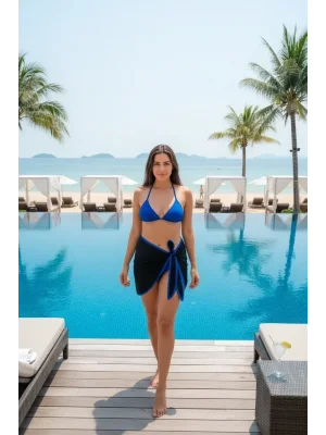 Kadın Mavi Pareolu 3’lü Bikini Takımı Yandan ve Boyundan Bağlamalı Pedli Şık Plaj Seti