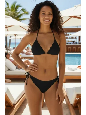 Kadın Siyah Dantel Detaylı Pedli Boyun ve Belden Bağlamalı Bikini Takımı