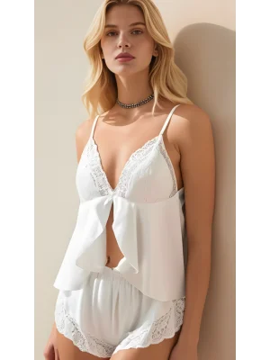 Luna Lora Ivory Satin Lace Beyaz Dantel İşlemeli Arkası Dekolteli Şortlu Saten Gecelik