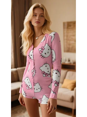 Luna Lora Pink Cat Dream Pamuklu Pembe Kedi Desenli Düğmeli Uzun Kol Tulum Pijama