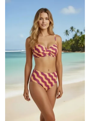 Kadın Renkli Modern Kesim Straplez Yüksek Bel Bikini Takımı