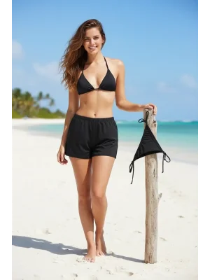 Siyah 3’lü Bikini Takımı Şortlu Yandan Bağlamalı Üçgen Üst Esnek Kadın Mayo