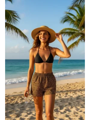 Siyah Leopar Desenli 3’lü Bikini Takımı Şortlu Yandan Bağlamalı Esnek Kumaş Kadın Mayo Seti
