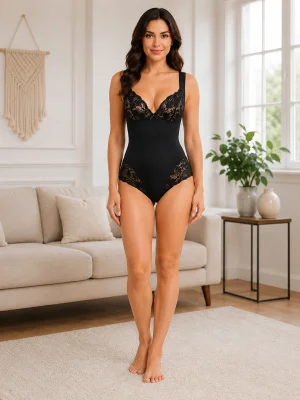 Kadın Siyah Şık Dantel Dokulu Agraflı Body Korse
