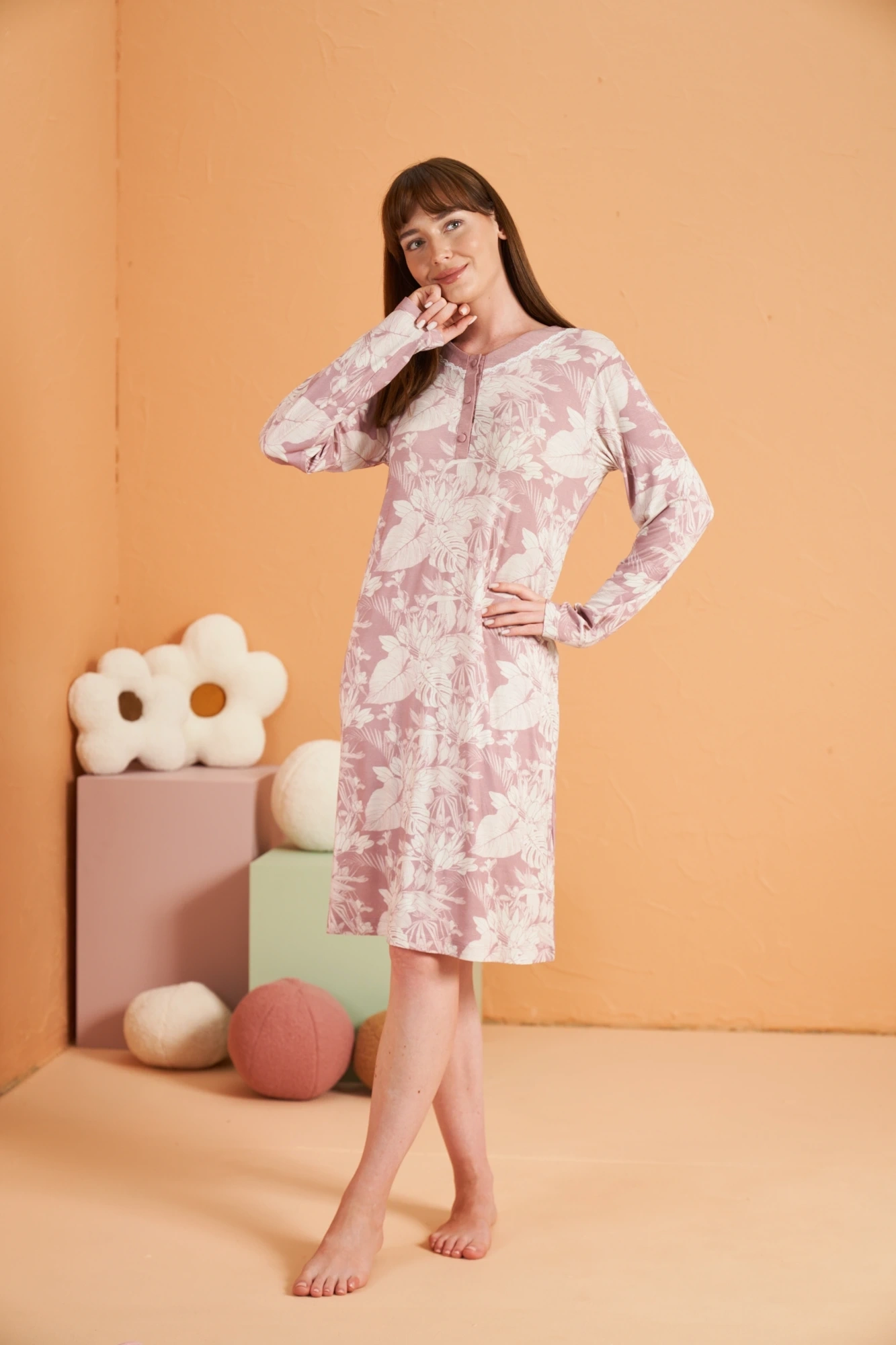 PJS 28019 Kadın Uzun Kol Desenli Gecelik