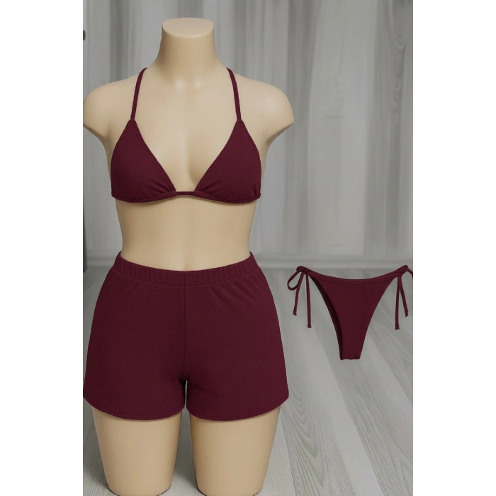 Kadın 3lü Set Bordo Şortlu ve Yandan Bağlamalı Bikini Mayo Takımı