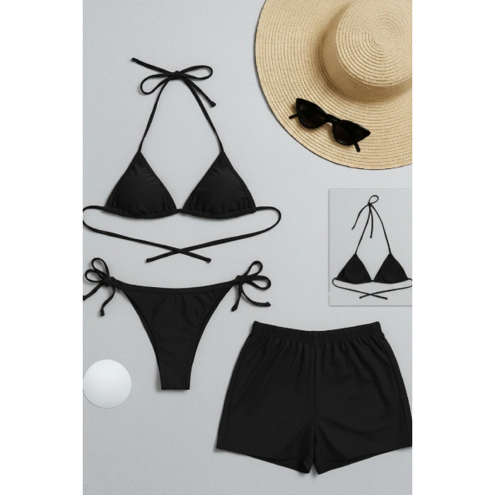 Kadın 3lü Set Siyah Şortlu ve Yandan Bağlamalı Bikini Mayo Takımı