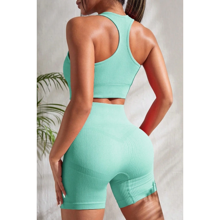 Kadın Açık Mavi Yüksek Bel Çapraz Sırt Detaylı Şortlu Gecelik Takım