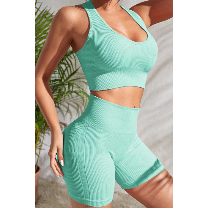 Kadın Açık Mavi Yüksek Bel Çapraz Sırt Detaylı Şortlu Gecelik Takım