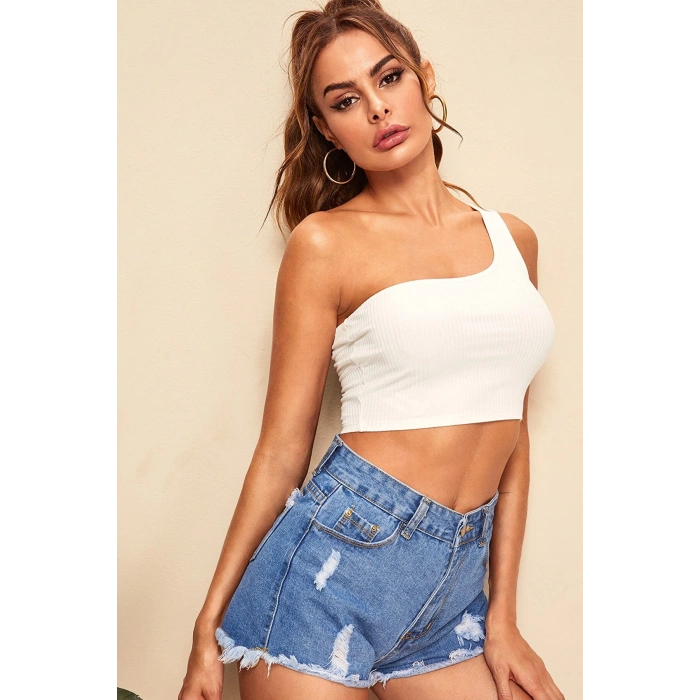 Kadın Beyaz Tek Omuz Crop Büstiyer