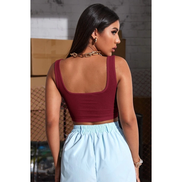 Kadın Bordo Kalın Askılı Crop Top Büstiyer