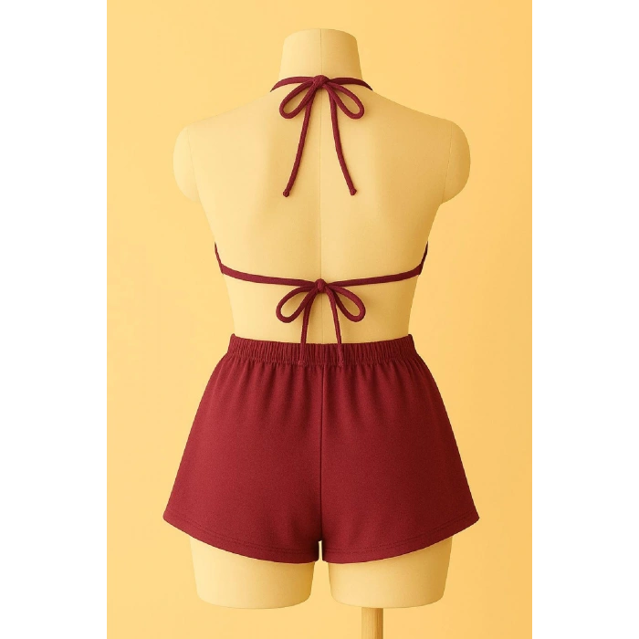 Kadın Bordo Şortlu Belden ve Boyundan Bağlamalı Bikini Takımı