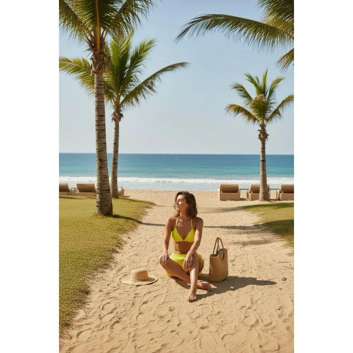 Kadın Fosforlu Şortlu Belden ve Boyundan Bağlamalı Bikini Takımı