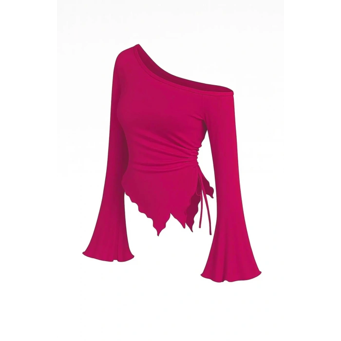 Kadın Fuşya Uzun İspanyol Kollu Asimetirik Yaka Yandan Bağlamalı Drapeli Bluz