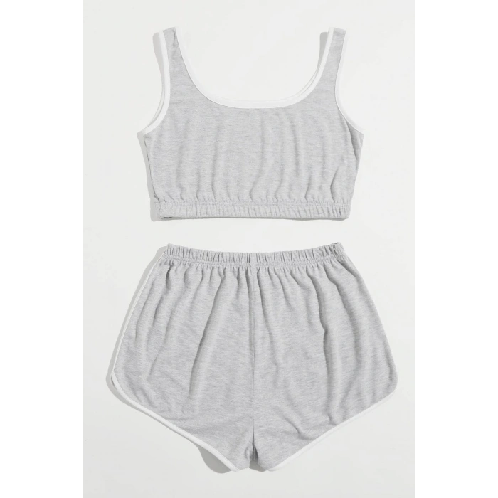 Kadın Gri Askılı Crop Top ve Şortlu Gecelik Takım