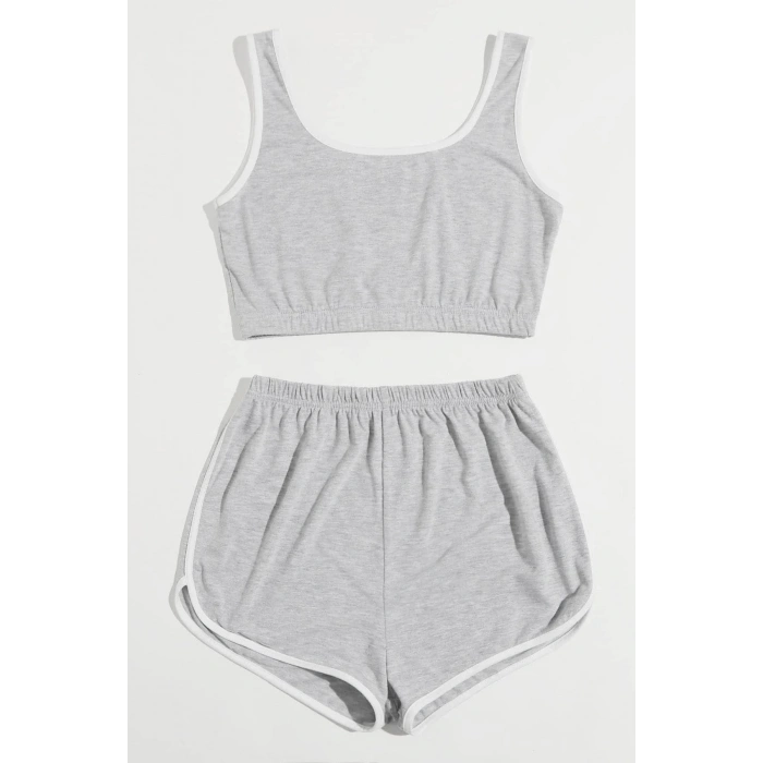Kadın Gri Askılı Crop Top ve Şortlu Gecelik Takım