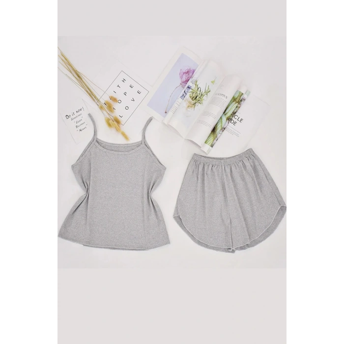 Kadın Gri Şortlu Penye Gecelik Takımı