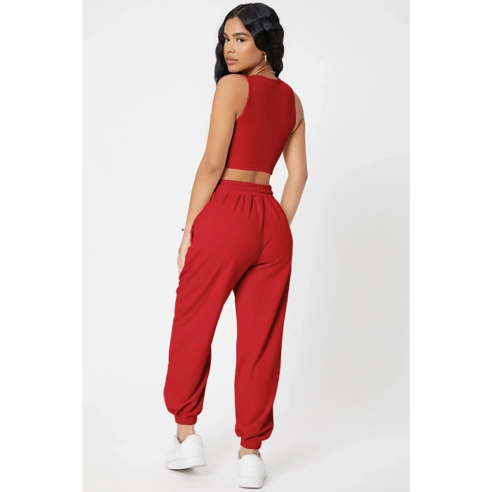 Kadın Kırmızı Kaşkorse Cepli Jogger Eşofman Altı ve Crop Top Bluz