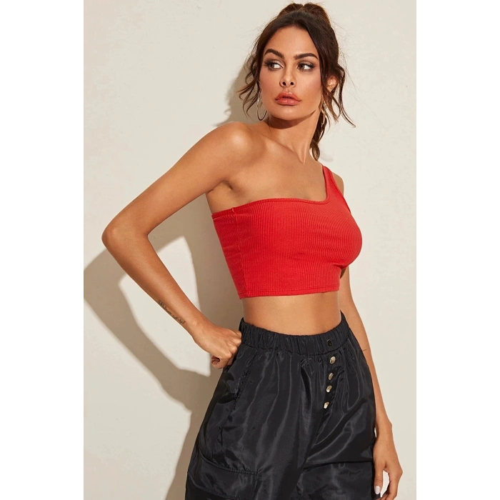 Kadın Kırmızı Tek Omuz Crop Büstiyer
