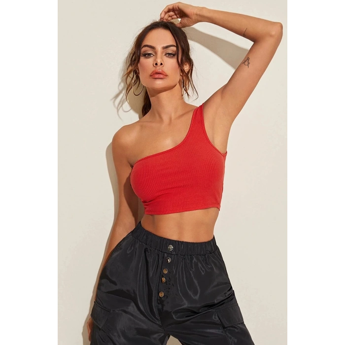 Kadın Kırmızı Tek Omuz Crop Büstiyer