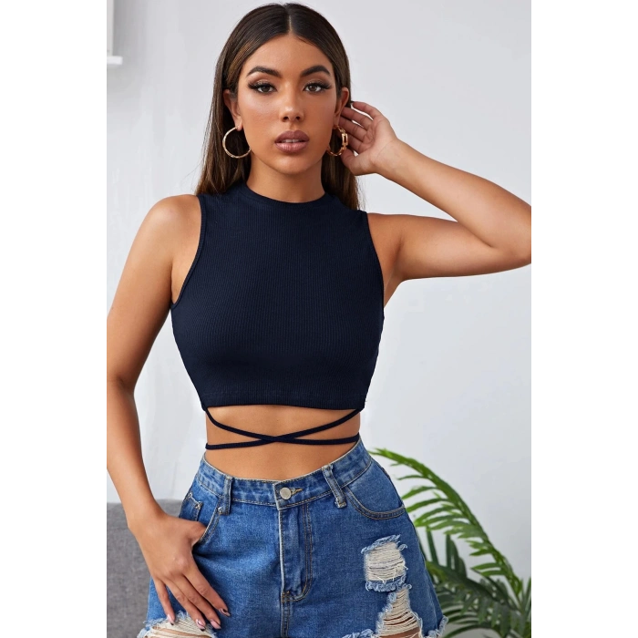 Kadın Lacivert Çapraz Bağlamalı Crop Top Büstiyer