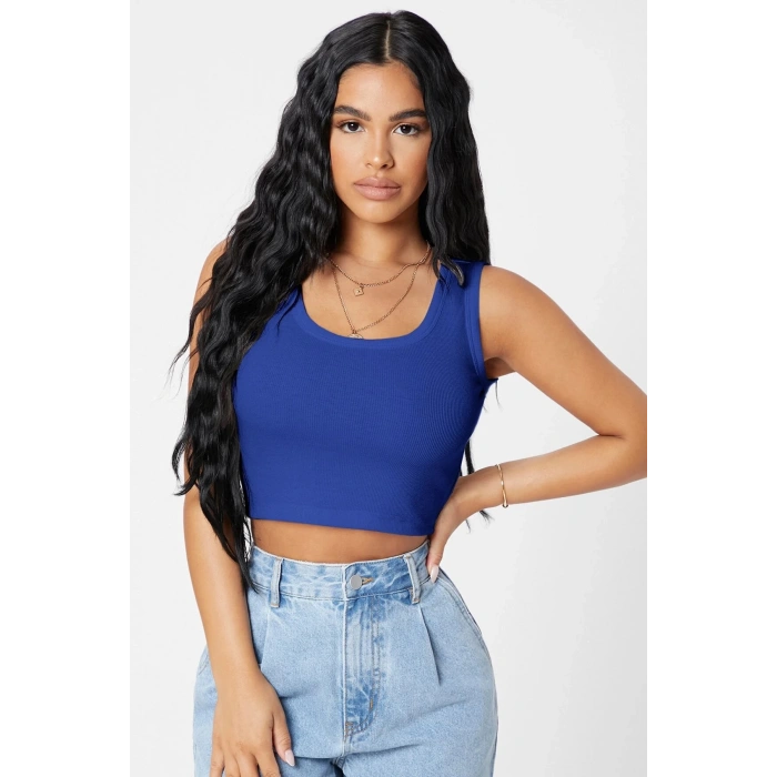 Kadın Lacivert Kare Yaka Crop Top Bluz