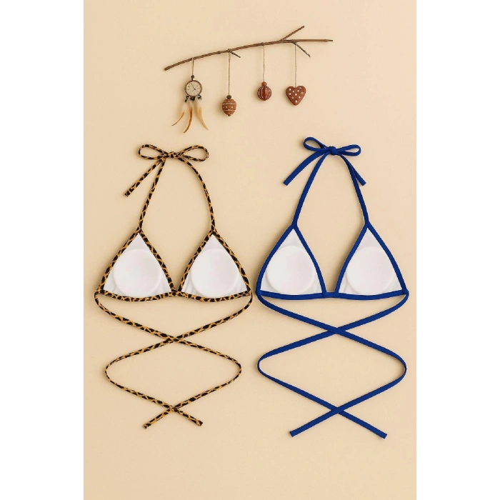 Kadın Leopar Desenli ve Mavi Minimal Kesim Üçgen Bikini Üstü