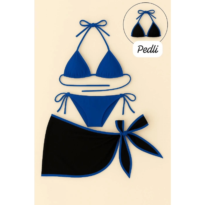 Kadın Mavi Pareolu Yandan ve Boyundan Bağlamalı 3lü Bikini Takımı