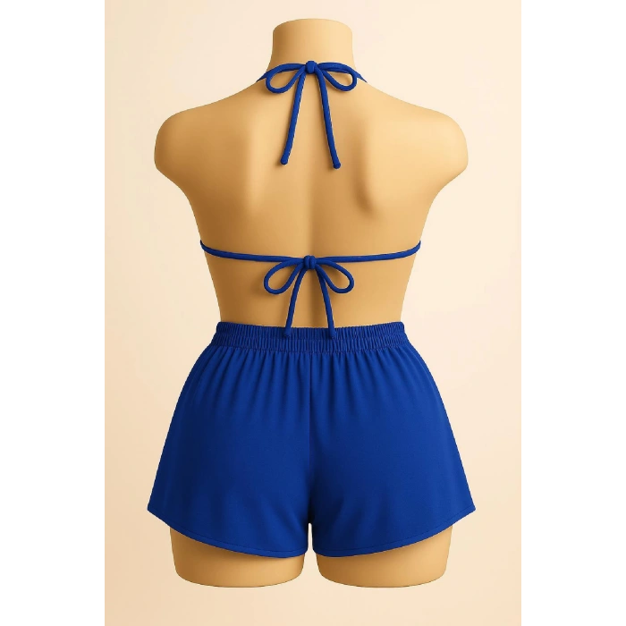 Kadın Mavi Şortlu Belden ve Boyundan Bağlamalı Bikini Takımı