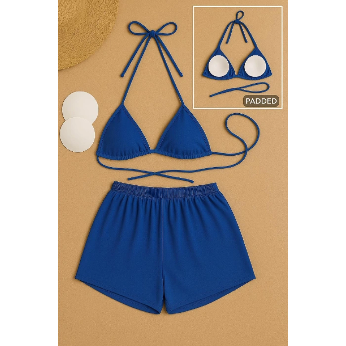 Kadın Mavi Şortlu Belden ve Boyundan Bağlamalı Bikini Takımı