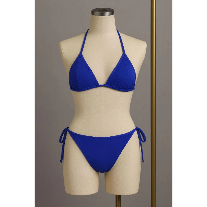 Kadın Mavi Yandan ve Boyundan Bağlamalı Bikini Mayo Takımı