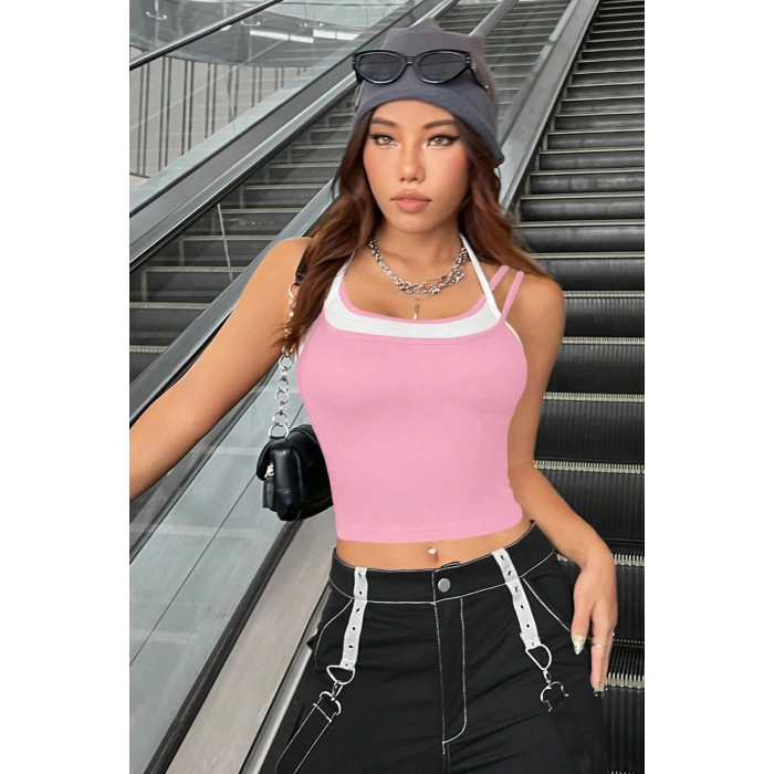 Kadın Pembe Beyaz Çift Renk Çapraz Askılı Crop Top Bluz