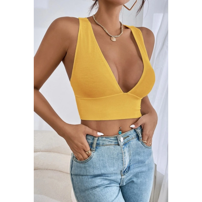 Kadın Sarı Çapraz Sırt Detaylı Şık Crop Top Büstiyer