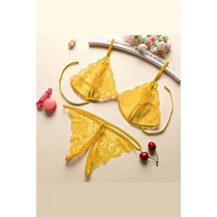 Kadın Sarı Dantelli Sütyen Külot Takımı