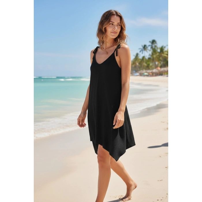 Kadın Siyah Asimetrik Kesim V Yaka Plaj Elbisesi