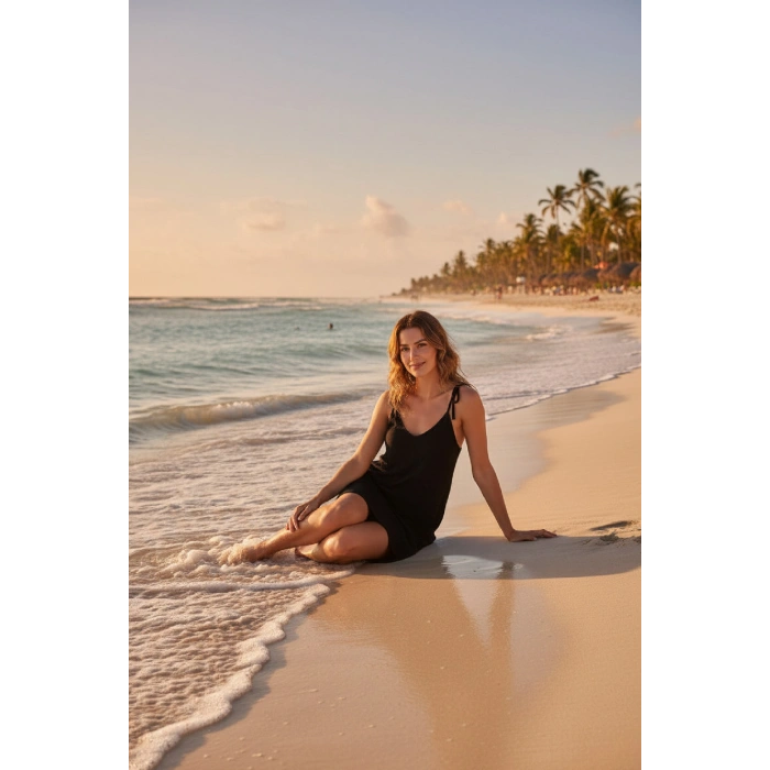 Kadın Siyah Asimetrik Kesim V Yaka Plaj Elbisesi