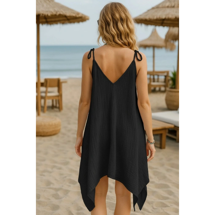 Kadın Siyah Asimetrik Kesim V Yaka Plaj Elbisesi