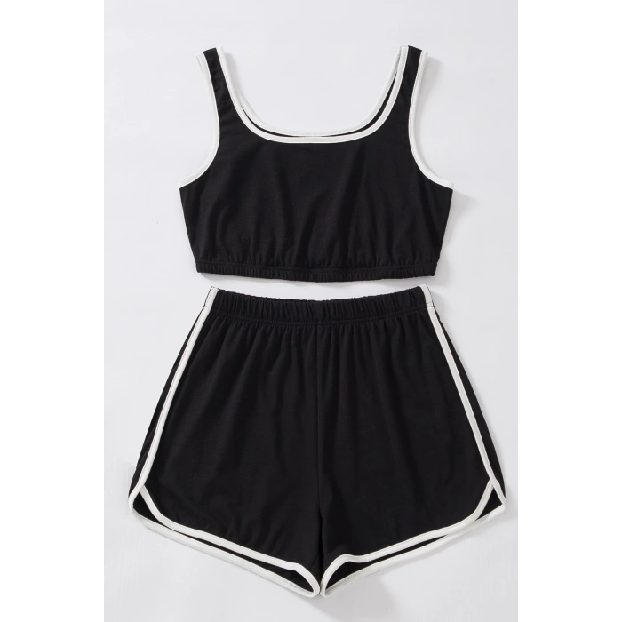 Kadın Siyah Askılı Crop Top ve Şortlu Gecelik Takım