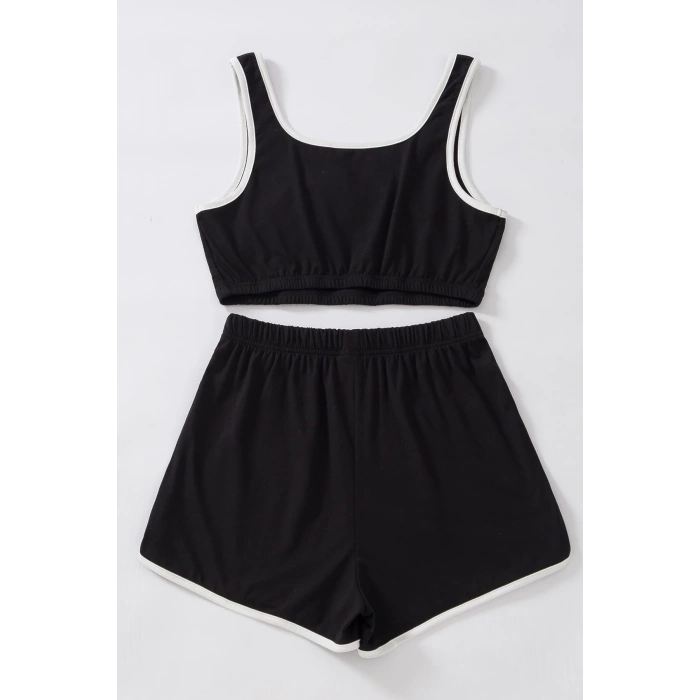 Kadın Siyah Askılı Crop Top ve Şortlu Gecelik Takım