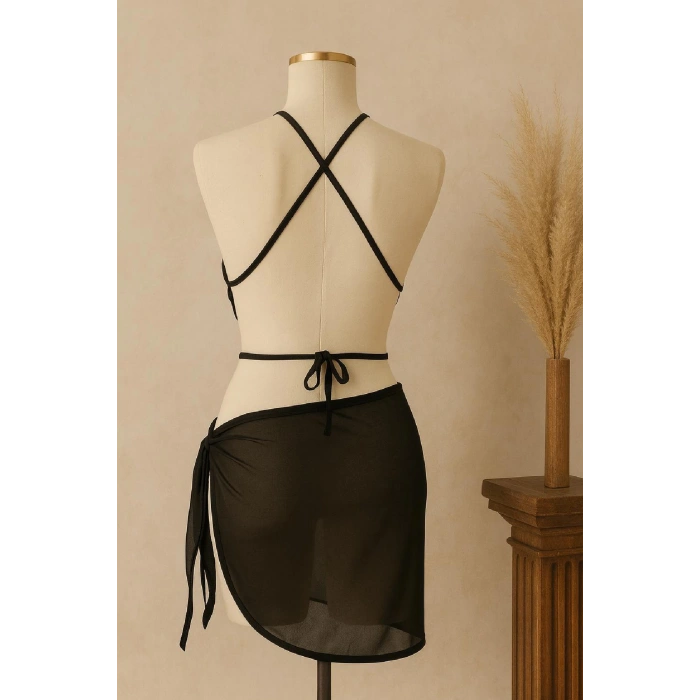 Kadın Siyah Çapraz Bağlamalı Crop ve Pareo 2li Set