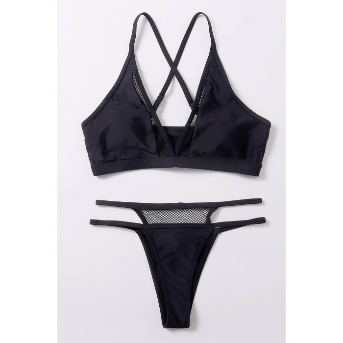 Kadın Siyah File Detaylı Özel Bikini Takımı