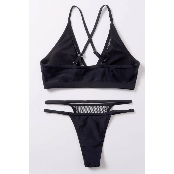 Kadın Siyah File Detaylı Özel Bikini Takımı