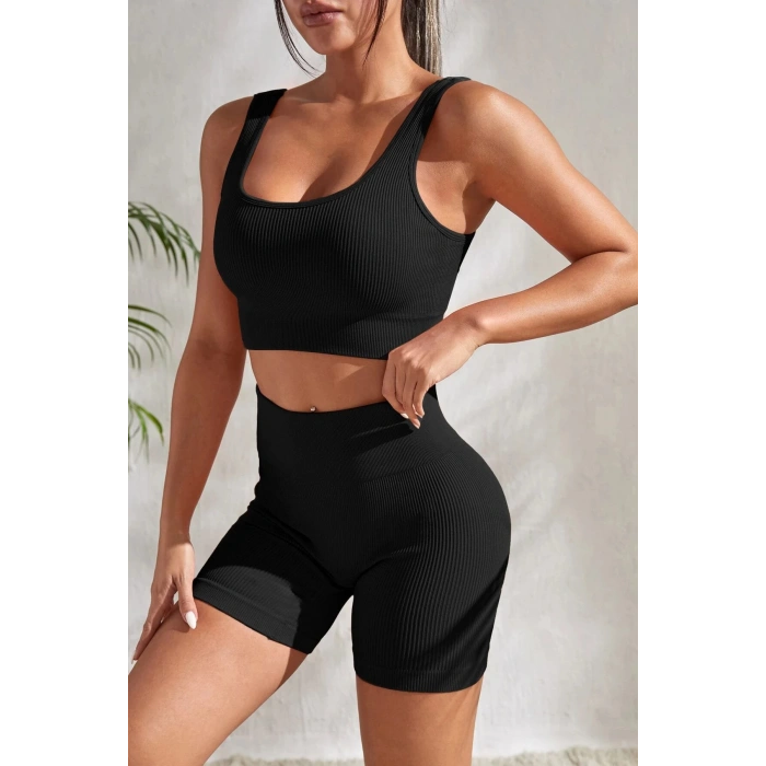 Kadın Siyah Kalın Askılı Yüksek Bel Şortlu Gecelik Takımı